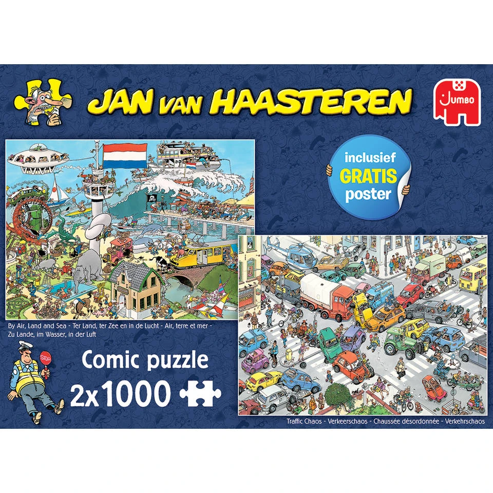 Jumbo Jan Van Haasteren Puzzelset Verkeerschaos & Ter Land, Ter Zee En In De Lucht - 2 X 1000 Stukjes 2 Jumbo Jan Van Haasteren Puzzelset Verkeerschaos & Ter Land, Ter Zee En In De Lucht - 2 X 1000 Stukjes - Afbeelding 2